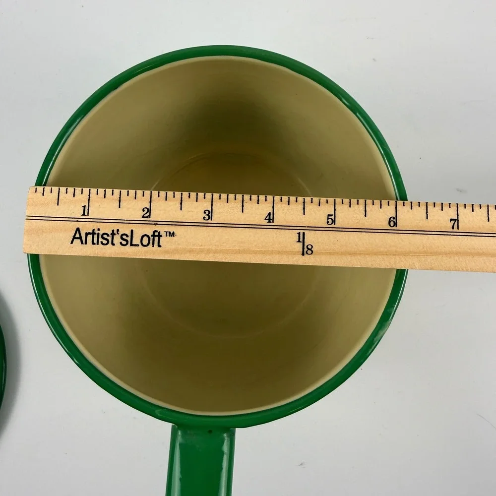 Vintage Cream Green Enamel‎ Saucepan w Lid Farmhouse Cottage Kitchen